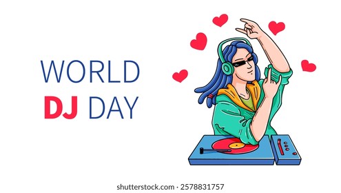 World DJ day greeting banner. Dj character at console. Female and male musicians with turntable mixer. fun and disco party. For social media, websites, and music festivals. Doodle Vector illustration.