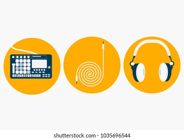 World Dj Day icon set. Vector illustration with headphones. midi controller and coiled cable. Can be used for print, banner, signage, billboard, greeting card, and invitation.