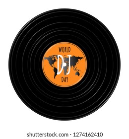 World DJ day - March 9. Vinyl record with world map and text inside of it. White background. Vector illustration.