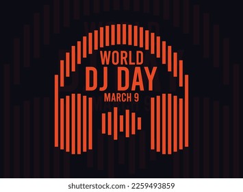 World DJ Day. March 9. Striped headset icon. Black background. Poster, banner, card, background. Eps 10.