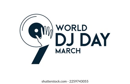 World DJ Day text design on white background. March 9. Flat design vector. Poster, banner, card, background. Eps 10.