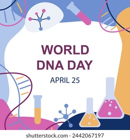 In: World DNA Day. 25. April. Ein Labortechniker untersucht menschliche DNA.Template für Hintergrund, Banner, Karte, Poster. Vektor-Illustration