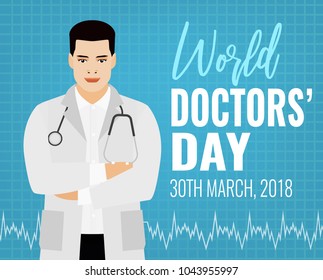 World doctor day or health day landscape poster. Medical concept of global holiday in modern style. Vector illustration in light blue colors.