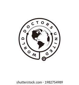 World Doctor with map, stethoscope, health Label Stamp Logo design vector