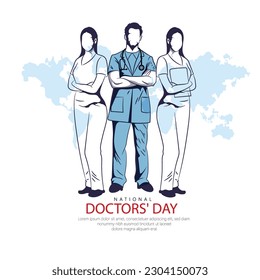 World Doctors Day. Happy doctor's day with symbol of heartbeat, syringe and stethoscope