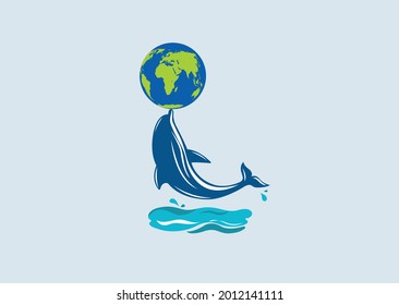 world dolphin day and world ocean day. dolphin holding the earth in the mouth. vector illustrations
