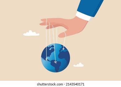 World Domination Power To Manipulate Or Control Economy, Stop The War For World Peace, Political And Conspiracy Theory Concept, Anonymous Businessman Hand With Puppet String To Control The World.