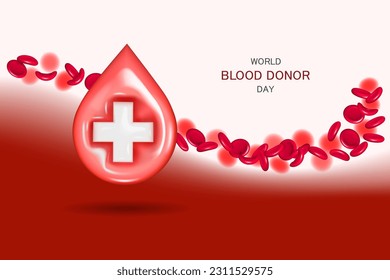 Día Mundial de los Donantes. 3 d gota de sangre con un alivio de la cruz, partículas de composición sanguínea eritrocitos que fluyen por las venas. Cartel creativo, afiche web. ilustración vectorial