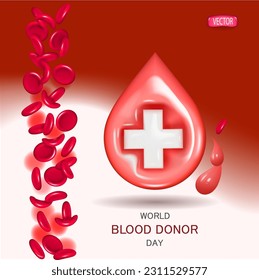 Día Mundial de los Donantes. 3 d gota de sangre con un alivio de la cruz, partículas de composición sanguínea eritrocitos que fluyen por las venas. Cartel creativo, afiche. ilustración vectorial