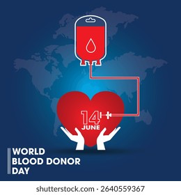  World Donor Day featuring a hand gesture symbolizing giving, emphasizing awareness, compassion, and the importance of donation. Blood donation illustration concept with blood bag.