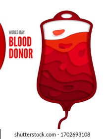 World donor day posters or invitations. Medical design with a blood container. Vector illustration, paper cut style. Place for text. Blood Donation.