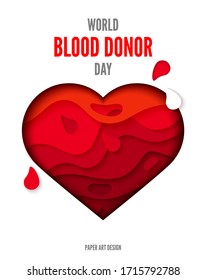 Carteles o invitaciones del Día Mundial de los Donantes. Diseño médico con corazón rojo. Ilustración vectorial, estilo de corte de papel 3d. Colocar texto. Donación de sangre.