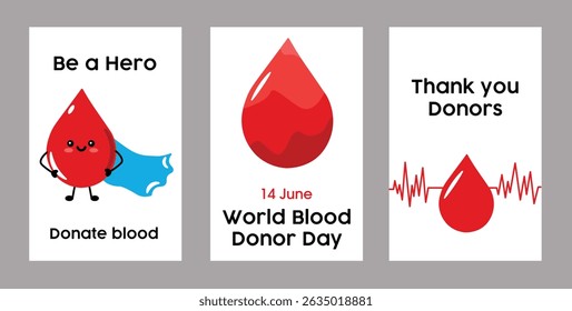 World Donor Day Posters Promoting Blood Donation and Thanking Donors. Set of three posters emphasizing the importance of blood donation on World Blood Donor Day. Includes icons of blood drops, 