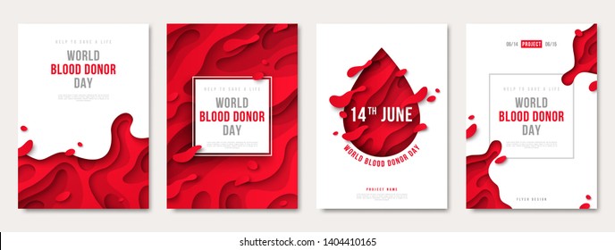 World donor day set of posters or invitations, medical design with 3d paper cut shapes and red drop. Vector illustration. Place for text. Blood Donation Lifesaving and Hospital Assistance