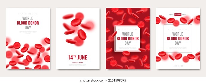 World donor day set of posters or flyers, charity medical design with 3d red cells. Vector illustration. Place for text. Blood Donation save life, hospital background. Anemia hemophilia cards