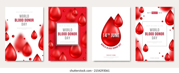 World donor day set of posters or cards, hospital charity medical design with 3d red drops. Vector illustration. Place for text. Blood Donate save life, leukemia flyer, anemia banner concept