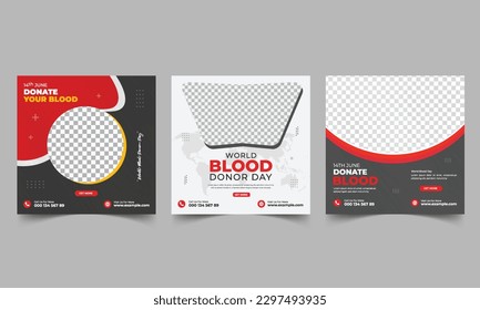 Juego de afiches del Día Mundial de los Donantes, Dar vida a ser un héroe, Diseño plano de Donantes de Caridad de Sangre para afiches y pancartas. Diseño de plantillas de publicaciones de medios sociales para donación de sangre
