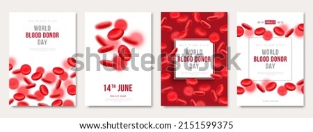 World donor day set of posters or flyers, charity medical design with 3d red cells. Vector illustration. Place for text. Blood Donation save life, hospital background. Anemia hemophilia cards