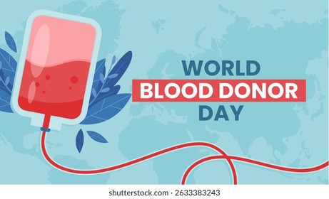 Diseño de Plantilla de tarjeta de felicitación del tema del Día Mundial del Donante con fondo azul e ilustración de bolsa de sangre	
