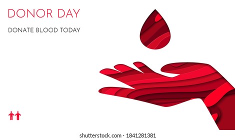 World donor day vector illustration for posters or invitations, medical design with 3d paper cut shapes. 