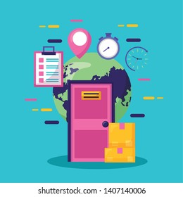 world door boxes clock clipboard fast delivery business vector illustration