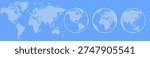 World dotted globe maps set. Europe, Asia, America, Oceania globe maps. Earth globe icons isolated on blue background, half tone effect world map. Vector illustration.