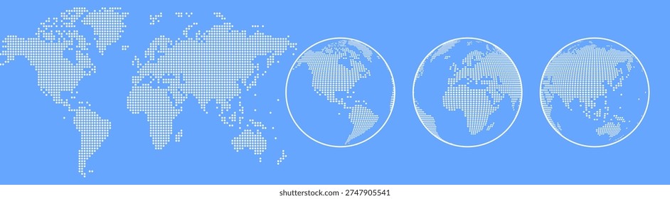 World dotted globe maps set. Europe, Asia, America, Oceania globe maps. Earth globe icons isolated on blue background, half tone effect world map. Vector illustration.