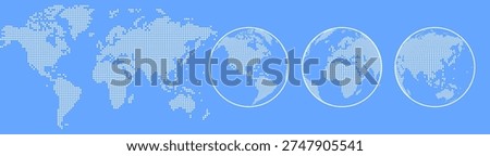 World dotted globe maps set. Europe, Asia, America, Oceania globe maps. Earth globe icons isolated on blue background, half tone effect world map. Vector illustration.