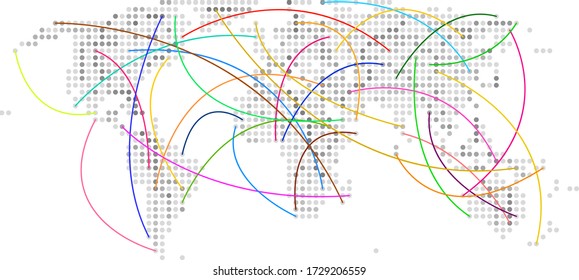 World dotted map with color ways - vector communication travel and transportation graphic