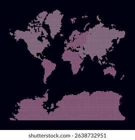 World dotted map. Digital style map of the world on dark background. Boundary shape with circle dots. Colored dots style. Small size circles. Simple vector illustration.