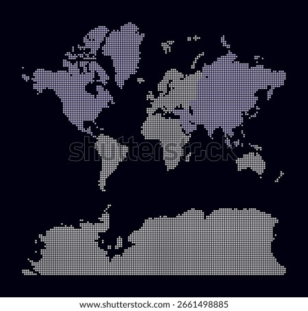 World dotted map. Digital style map of the world on dark background. Boundary shape with square dots. Colored dots style. Small size squares. Modern vector illustration.