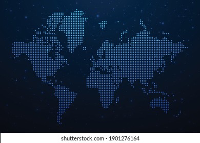 World dotted map in futuristic style, glowing outline made of stars lines dots. Communication, internet technologies concept on dark blue space background. Vector illustration.