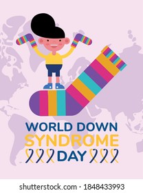 world down sindrome day campaign poster with little boy and socks colors vector illustration design