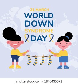 world down sindrome day campaign poster with kids and colors socks hanging vector illustration design