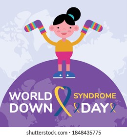 world down sindrome day campaign poster with little girl in planet earth lifting socks vector illustration design