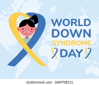afiche de la campaña del Día Mundial del Síndrome de Down con una niña pequeña en el diseño de ilustración de un vector de cinta