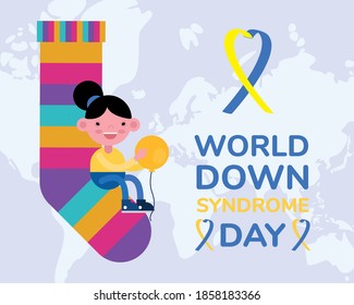 world down sindrome day campaign poster with little girl seated in colors socks vector illustration design