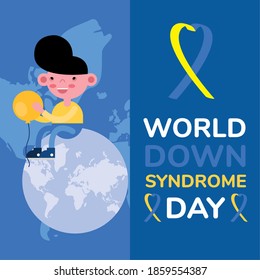 world down sindrome day campaign poster with little boy seated in earth planet vector illustration design