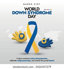 World Down Syndrome Day. 21 march World Down Syndrome day celebration banner with a ribbon and two gloves in yellow and blue colour, grey background. Down Syndrome day theme End The Stereotypes.