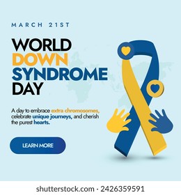 In: World Down Syndrome Day. 21 März World Down Syndrome Day Feier Banner mit einem Band und Handabdrücke in blau und gelb Farben. Ein Tag, um zusätzliche Chromosomen zu feiern und die Stereotypen zu beenden. 