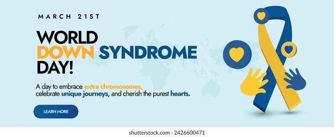 World Down Syndrome Day. 21 march  World Down Syndrome Day celebration cover banner with ribbon and handprints in yellow and blue colour. Down syndrome educational seminar, event, conference banner.