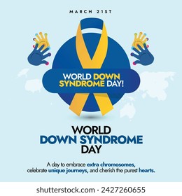 In: World Down Syndrome Day. 21. März 2024, World Down Syndrome Day Awareness Banner mit Band und Handabdrücken auf gelbe und blaue Farbe Thema. Down Syndrome Awareness und Acceptance Banner Concept. 