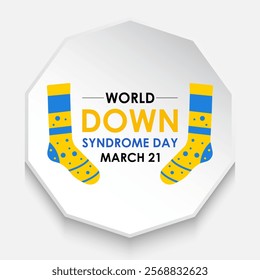 World down syndrome day is 21 march background design. Yellow and blue typography Vector illustration. Lots of Socks and Realistic ribbon banner, cards, prints, social media, poster design .eps 10.