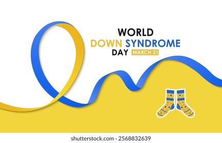 World down syndrome day is 21 march background design. Yellow and blue typography Vector illustration. Lots of Socks and Realistic ribbon banner, cards, prints, social media, poster design .eps 10.