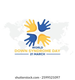 World Down Syndrome Day. 21 march World Down Syndrome day. World Down Syndrome Day. March 21. Yellow and blue palm sign. White background. Eps 10.