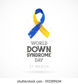 World Down Syndrome Day. 21 March. Lettering. Vector illustration on white background. Blue and yellow ribbon. Health concept.
