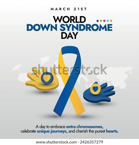 World Down Syndrome Day. 21 march World Down Syndrome day celebration banner with a ribbon and two gloves in yellow and blue colour, grey background. Down Syndrome day theme End The Stereotypes.