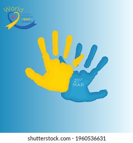 world down syndrome day - adult and child hands care sign in yellow and blue ink brush heart sharp vector design