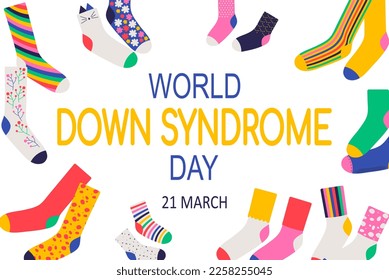 World down syndrome day background with colorful socks. Yellow and blue typography. Lots of socks campaign symbols. Poster, banner template vector illustration