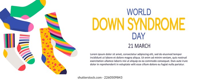 World down syndrome day background with colorful socks. Yellow and blue typography. Lots of socks campaign symbol. Poster, banner template. vector illustration